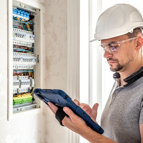 An Electrician Checks a Breaker Box.